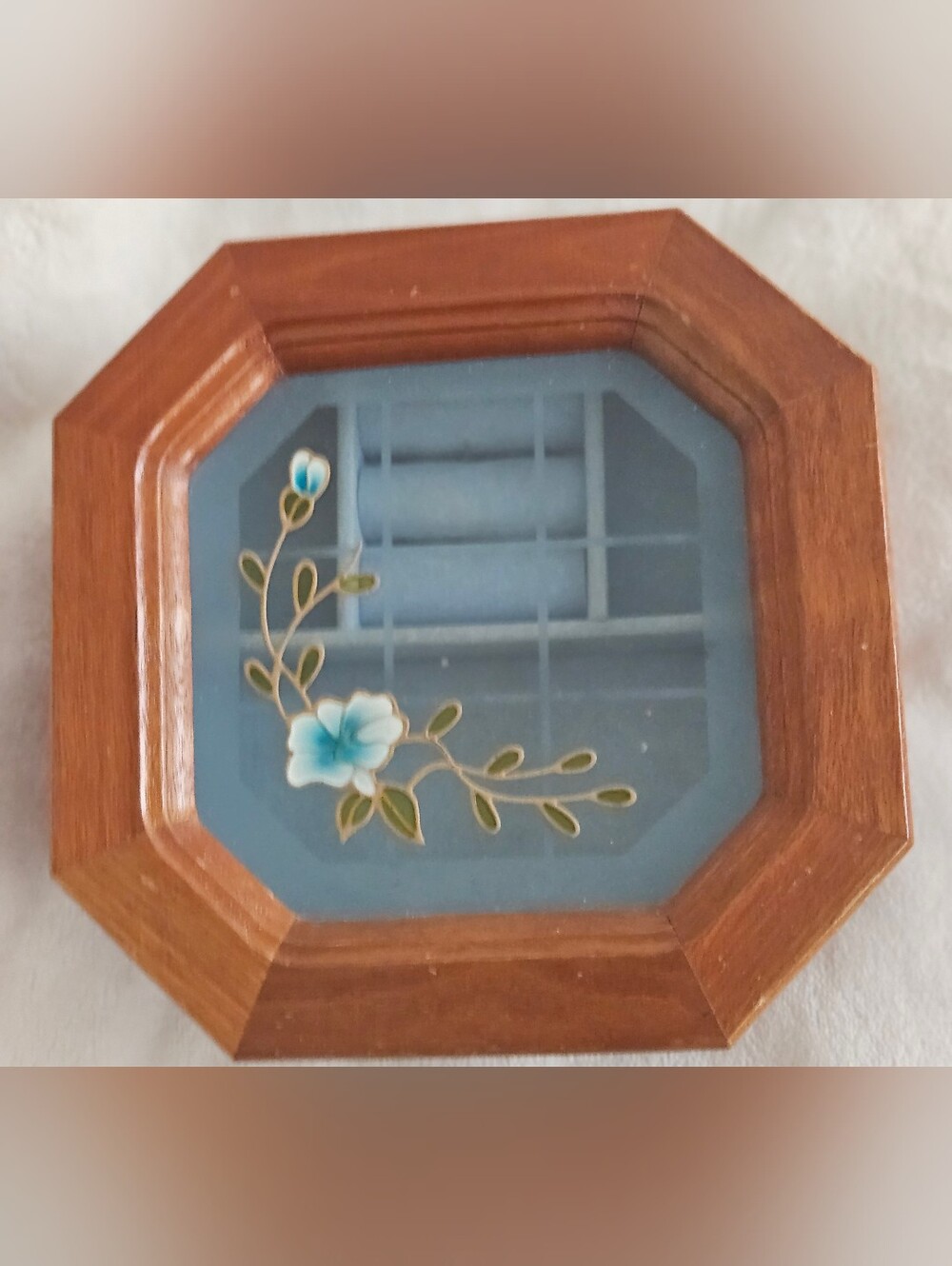 Vintage 1970's Wood-Framed, Glass Top Jewelery Box.